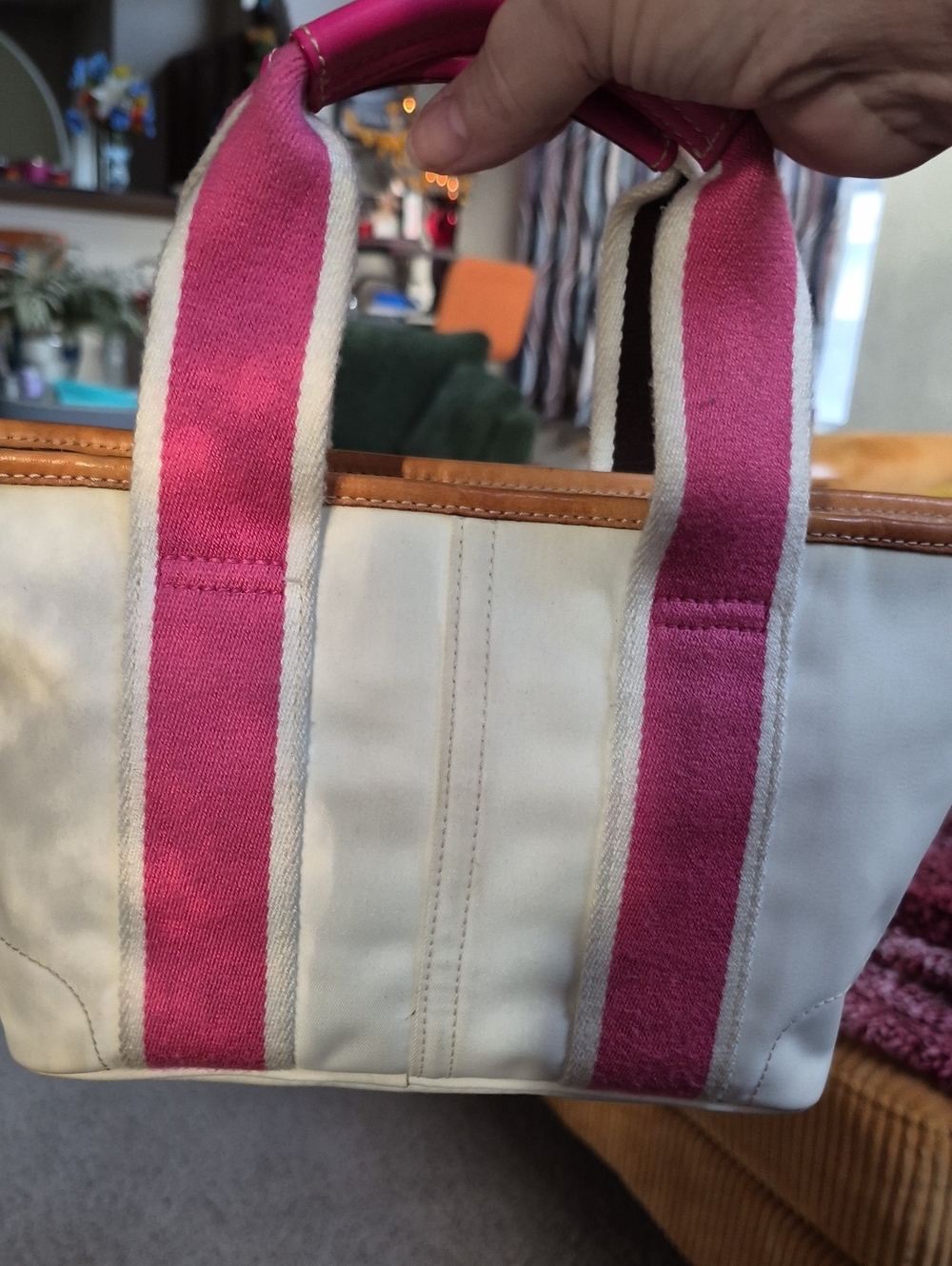 COACH Vintage Y2K Hamptons Weekend Mini Tote.  White With Pink Stripes. - Picture 5 of 9